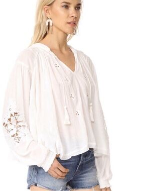 Free People White Crochet Sleeve Peasant Top